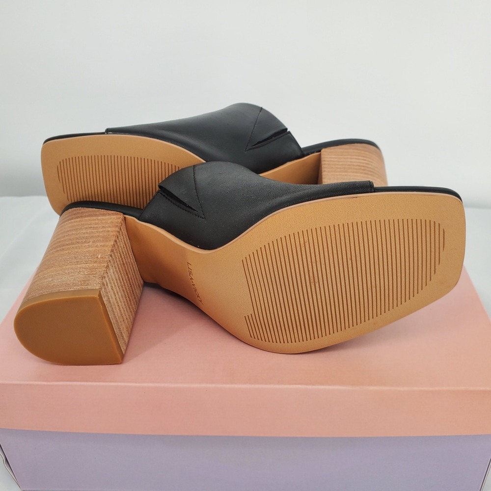 Lisa Vicky Virtue V Black Leather Block Heel Mules Square Toe Sandals Womens 7 M - Picture 3 of 8